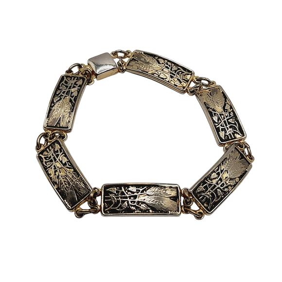 Vintage Wheat Themed Damascene Gold Tone Black Enamel Links Bracelet - 7 Inches - Picture 2 of 11